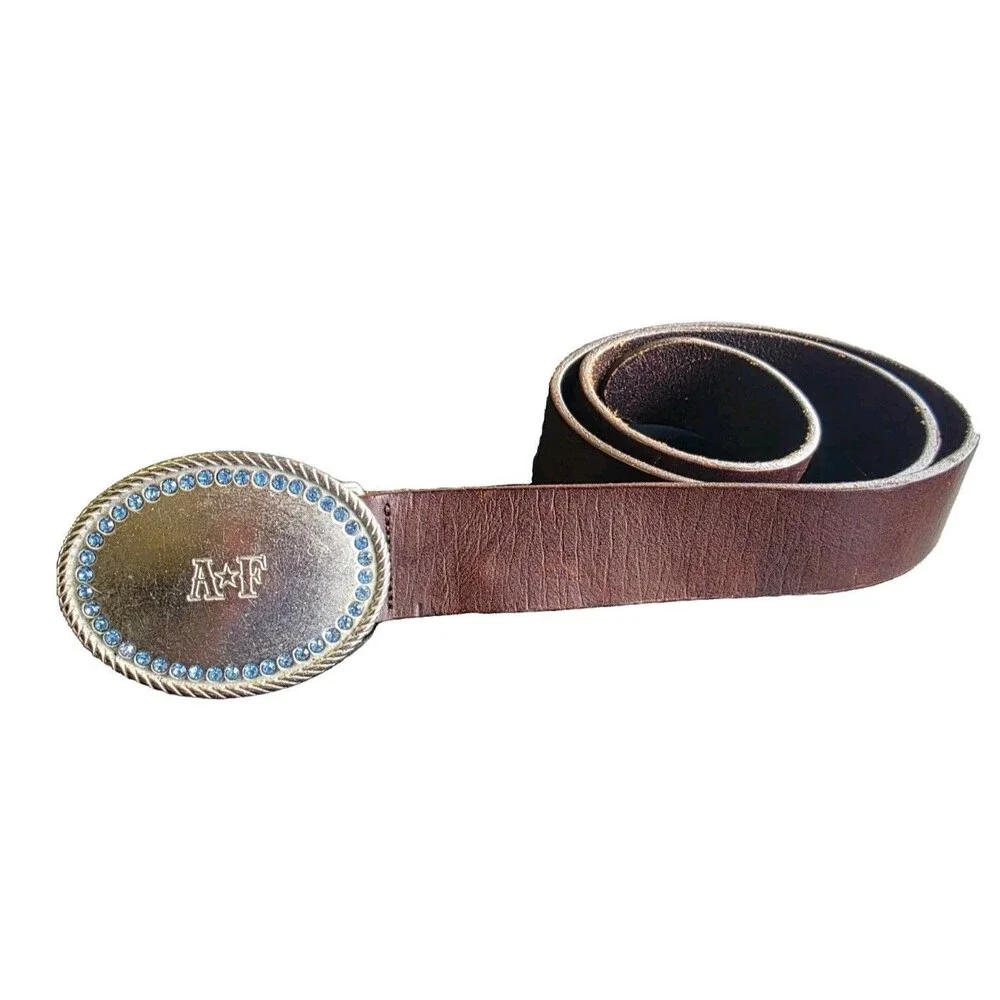 Womens Abercrombie & Fitch Blue Rhinestone Buckle Brown Leather Belt Medium Y2K